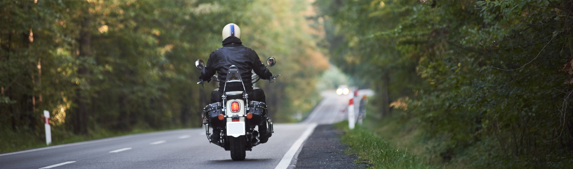 Back view of motorcyclist in black leather jacket and white helmet riding motorbike along hilly road between tall green trees on sunny summer day